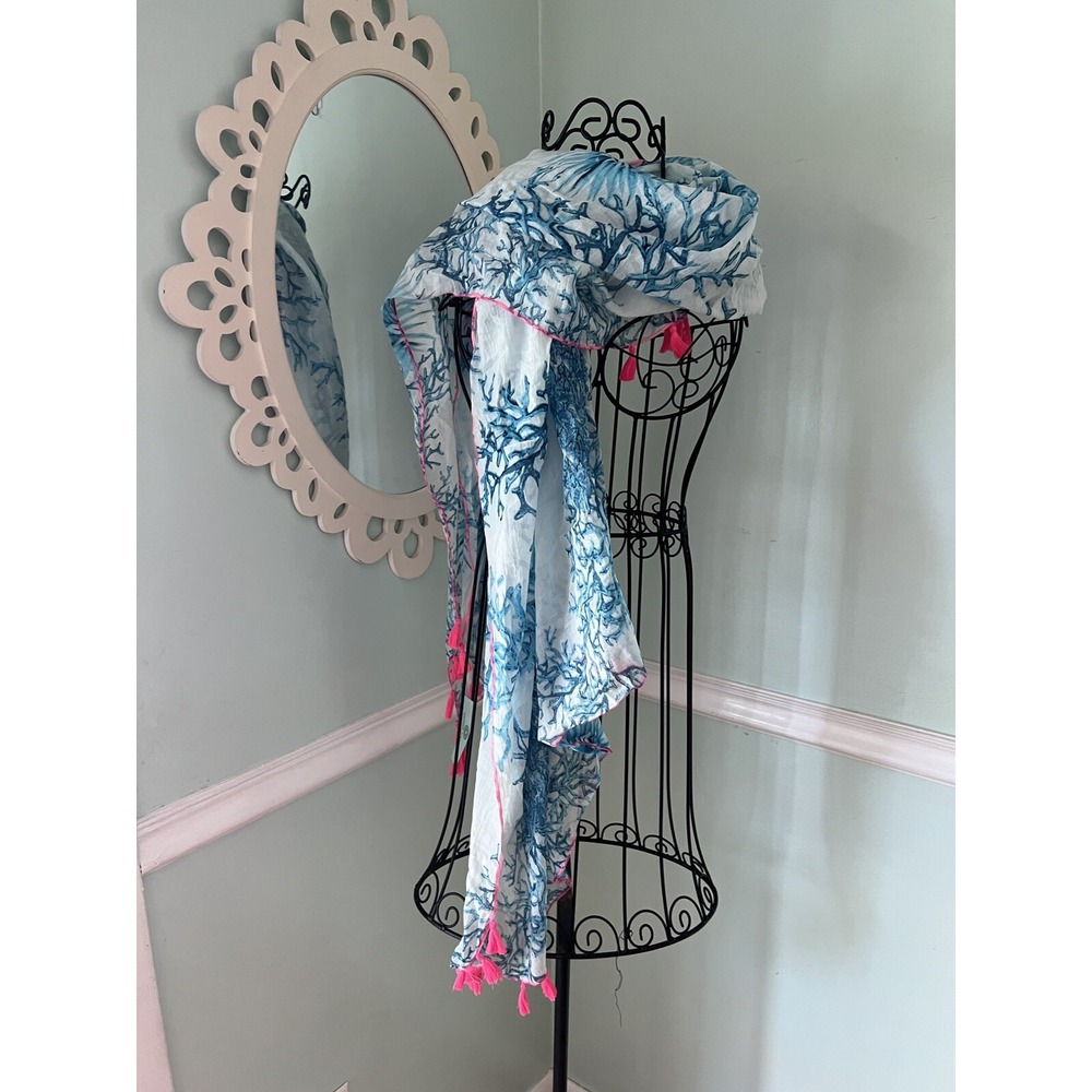 DEBBIE KATZ coral Reef Teal Pink Pom Pom Long Scarf NWT